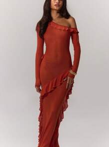 MUSERA Mesh Frill Detail Maxi Dress, For Wedding Guest, Summer, Elegant - Coral Orange - View 5