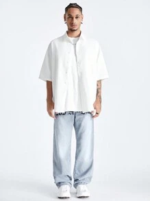 Manfinity RebelGame Men's Printed Loose Short Sleeve Woven Shirt With English Letter Pattern, Suitable For Summer Hip-Hop Style - White - View 6