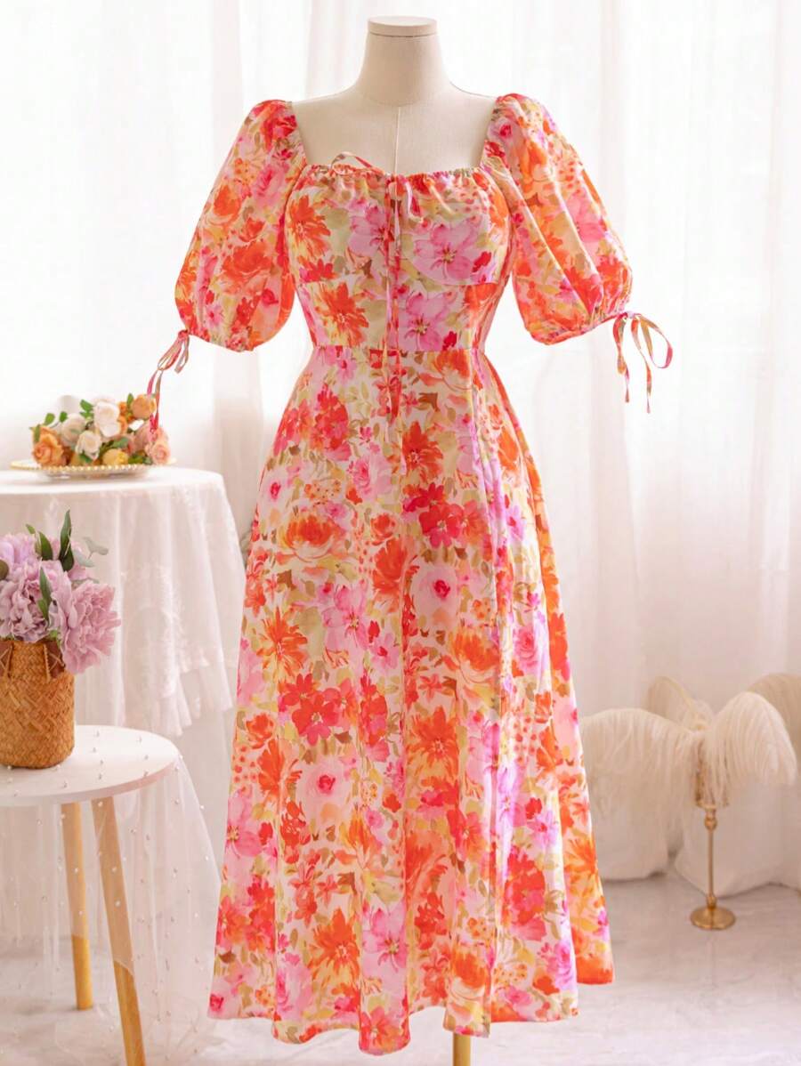 Soleia Plus Size Women's Country-Style Colorful Ditsy Flower Square-Neck Drawstring Puff Sleeve Long Dress With High Slit, Holiday Style - Multicolor - View 1