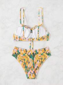 Twin Melody X SHEIN SHEIN Swim 夏季女士海滩度假花卉印花褶皱前系带性感比基尼套装 - 彩色 - 查看 5