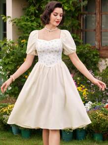 Vintamour Vestido Vintage Elegante com Estampa Floral Feminina, Primavera/Verão, Gola em Forma de Coração e Mangas Bufantes, Vestido Branco Evasê para Férias, Formatura, Vestido Branco de Formatura, Roupas de Verão, Vestido de Formatura, Vestido, Roupas para Concerto Country, Vestido para Chá de Panela, Vestido para Recepção de Casamento, Branco - Multicolorido - Visão 3