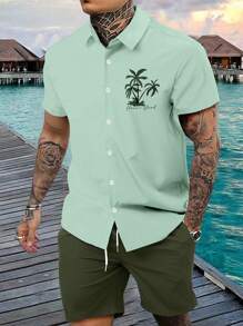 Manfinity RSRT Nam Thư Kỳ Nghỉ Hè & Áo Sơ Mi Ngắn Tay In Hình Cây Cọ Và Quần Short Trang Phục Thường Ngày, 2 Cái/bộ - Nhiều màu - Xem 1