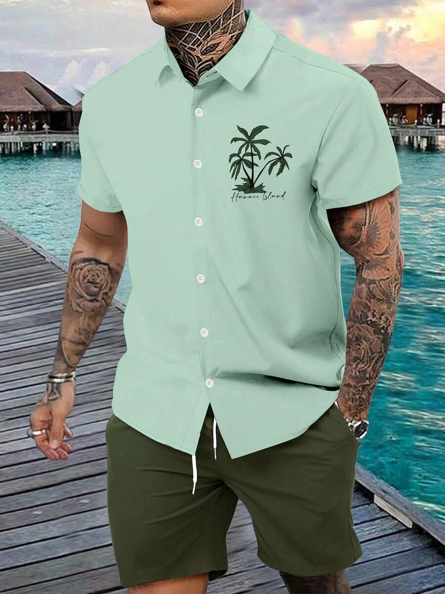 Manfinity RSRT Nam Thư Kỳ Nghỉ Hè & Áo Sơ Mi Ngắn Tay In Hình Cây Cọ Và Quần Short Trang Phục Thường Ngày, 2 Cái/bộ - Nhiều màu - Xem 1