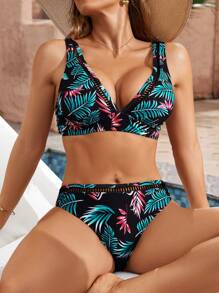 Swim Lushoire Women's Sexy Tropical Plant Printed Bikini Set, Perfect For Vacation,Summer Beach - Blue - View 5