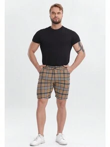 男士格纹短裤修身弹力斜纹布短裤男式格子短裤 - 棕色 - 查看 9