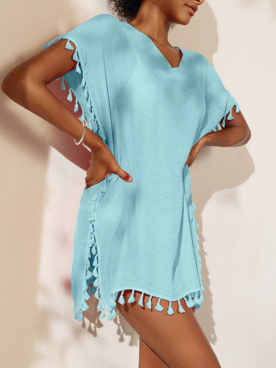 Swim Vcay Women's Summer Solid Color Fringe Decorated Side Slit Beach Cover-Up Dress,Summer Beach - Baby Blue - View 1