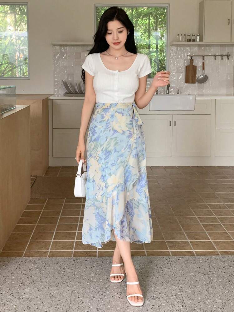 Women's Summer Elegant Floral Print Chiffon Ruffle Tie Wrap Skirt Vacation Outfits Women Easter Boho