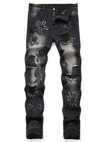 Men's Fashionable Slim Fit Jeans With Letter Embroidery, Distressed And Patched Design - Black - View 1