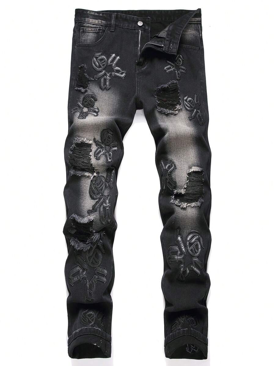 Men's Fashionable Slim Fit Jeans With Letter Embroidery, Distressed And Patched Design - Black - View 1