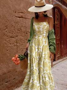 EARO Women's Vacation Plant Print Ruffle Strap Dress - Yellow - View 2