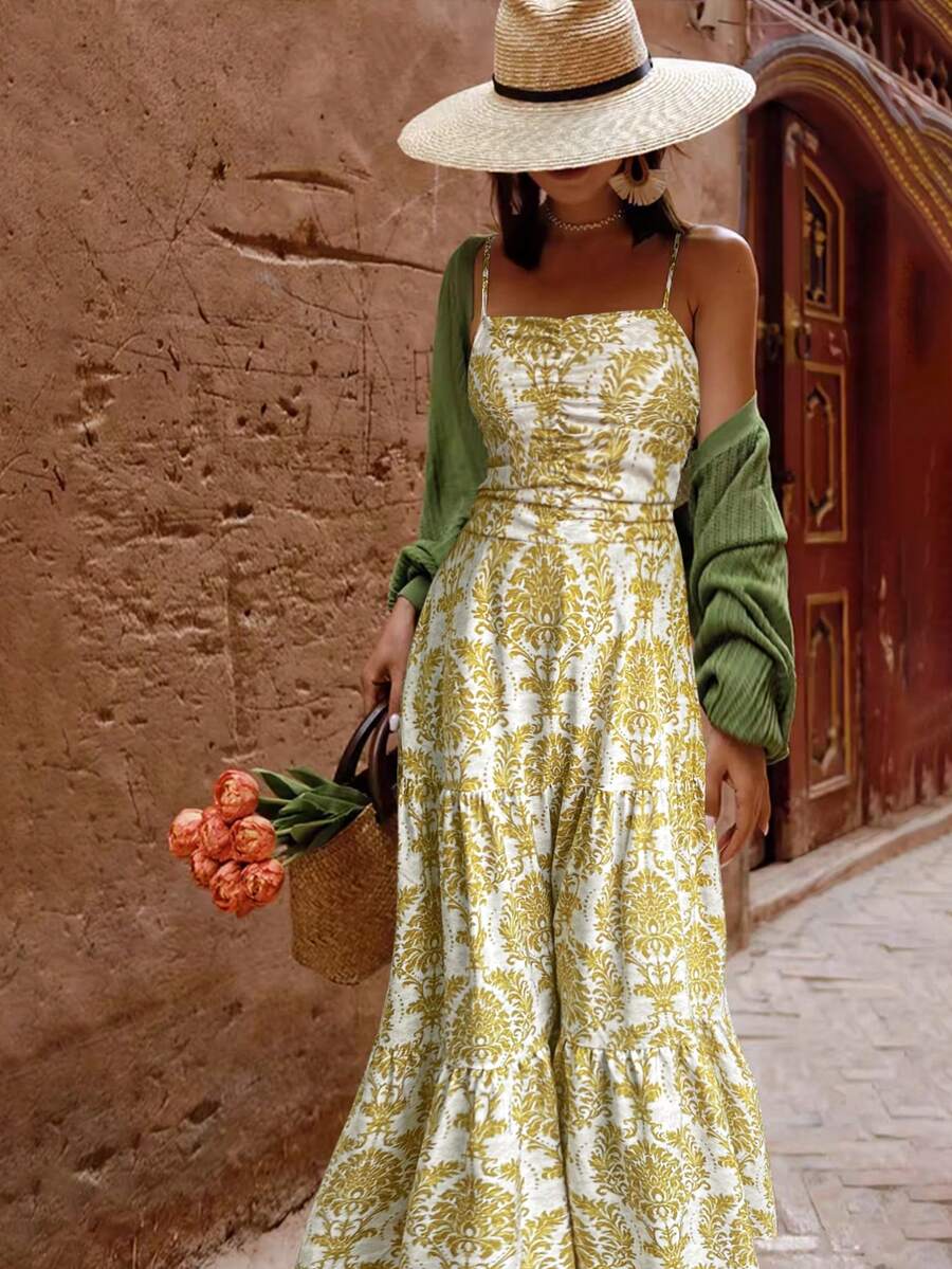 EARO Women's Vacation Plant Print Ruffle Strap Dress