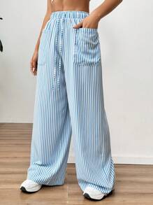SHEIN EZwear بنطلون واسع بطبعة خطوط الصيف الساحلي الجميل للحفيدة - الأزرق - مشاهدة 6