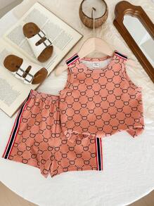 SHEIN Unisex Baby Cute Bear Printed Tank Top And Shorts Set, Summer - Brown - View 6