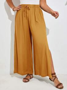 SHEIN Frenchy Ropa de festival del campo para mujer con talla grande, ropa de verano con pantalones de talle lateral liso y abertura - Amarillo - Ver 1