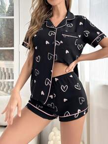 對比色邊緣泡泡紋印花睡衣套裝，配襯領和前開口 - 黑色 - 查看 5