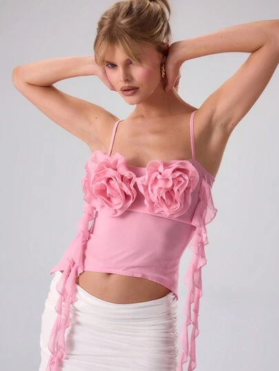 MUSERA Summer Fashion 3D Floral Bust Asymmetrical Hem Cami Top Vacation Spring Summer Festival Holiday