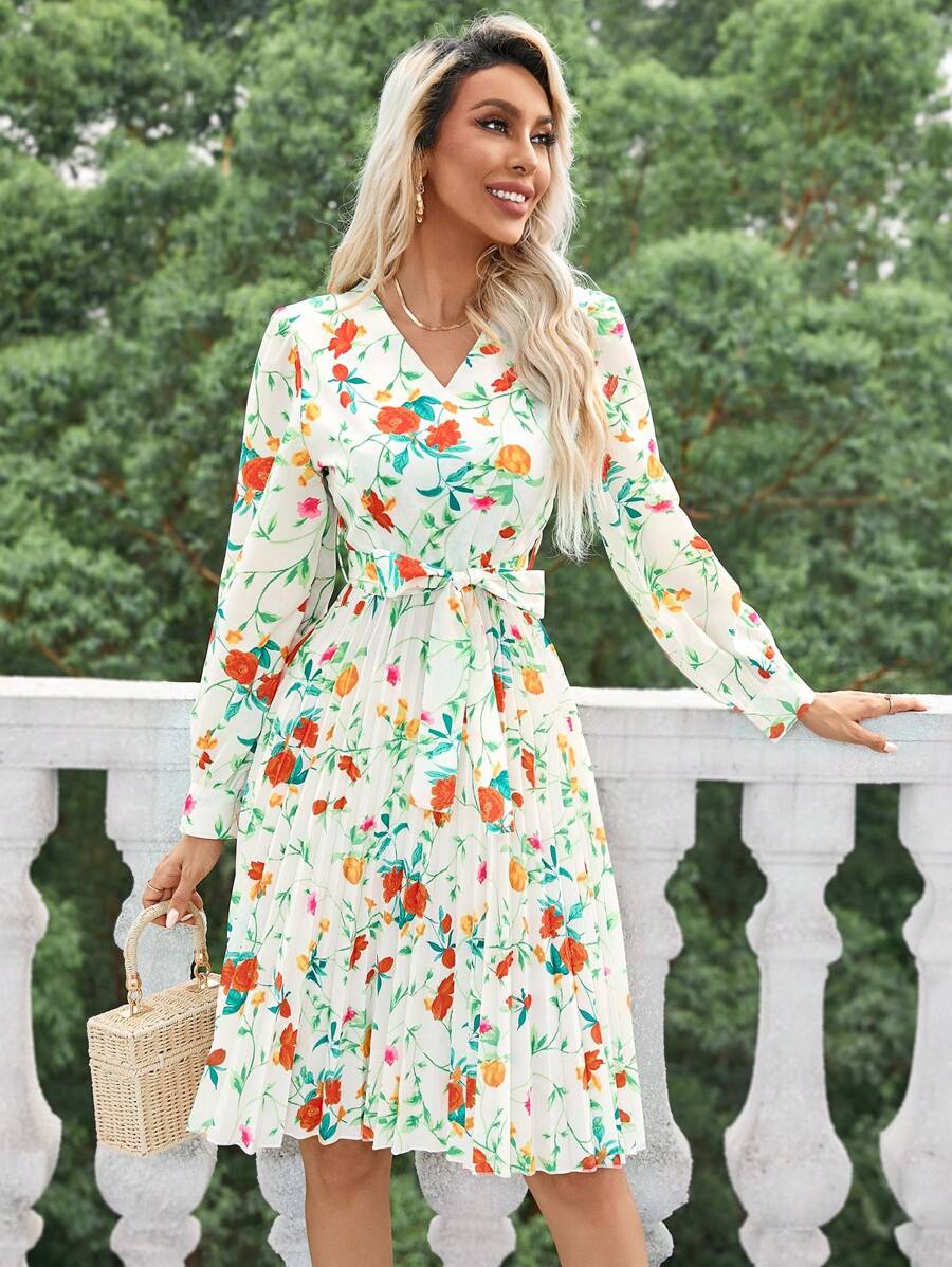 SHEIN Privé Vestido Feminino de Manga Longa com Decote em V e Estampa Aleatória com Plissado - Multicolorido - Ver 1