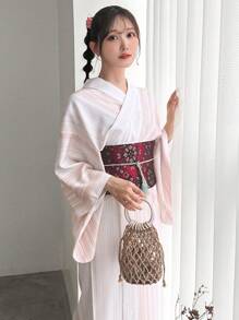 FRIFUL Japanese Style Striped & Printed Yukata With Woven Obi Belt And Tassel Waistband Set, Upgraded Version