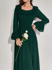 Modelyn 女式纯色长袖荷叶边 A 字裙 春夏季长款晚礼服 - 墨綠色 - 查看 7