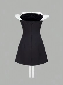 SHEIN Unity Mujeres Vestido con hombros descubiertos, detalles de lazo de encaje contrastante - Negro - Ver 2