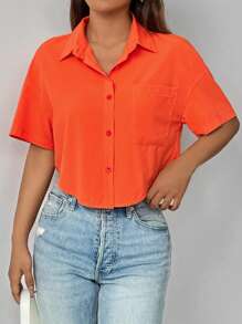 Chiquease Women's Simple Solid Color Short Casual Shirt,Short Sleeve Tops - Burnt Orange - View 6