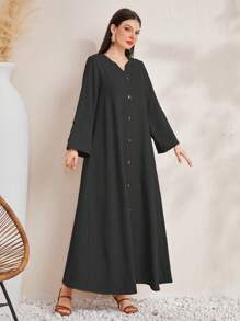 Al Najma Casual Long Sleeve Notched Neck Single-Breasted Flare Cuff Robe Modest Abaya - Black - View 3