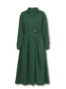 SHEIN Unity Women's Casual Solid Color Long Sleeve Waist-Cinching Dress - Army Green - View 1