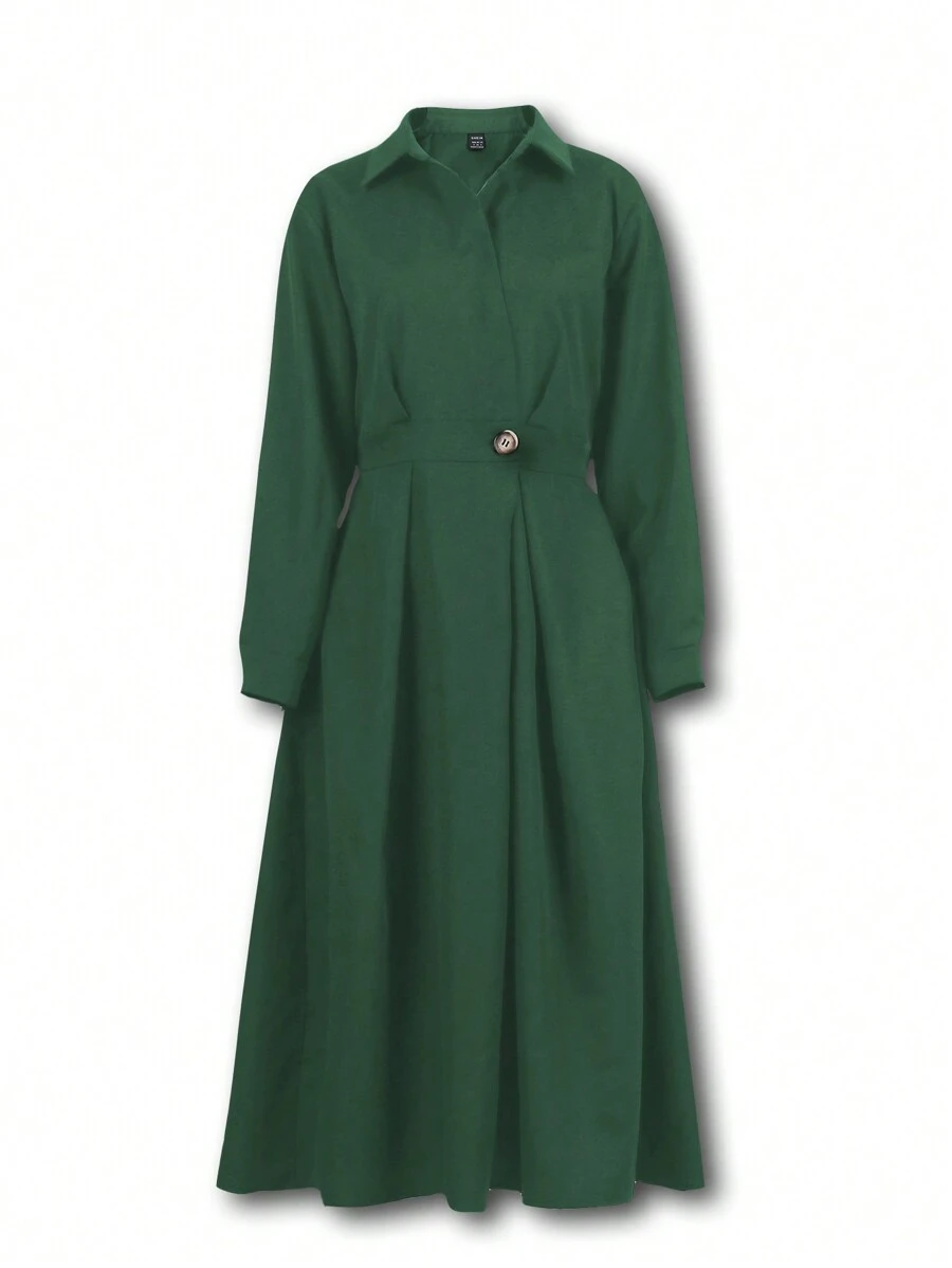 SHEIN Unity Women's Casual Solid Color Long Sleeve Waist-Cinching Dress - Army Green - View 1