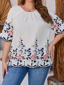 EMERY ROSE Plus Size Summer Floral Embroidery Raglan Sleeve Blouse - Multicolor - View 5