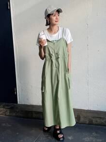 FRIFUL 女士夏季纯色拉链半开襟腰部抽绳双口袋休闲吊带连衣裙/复活节长裙 - 綠色 - 查看 8