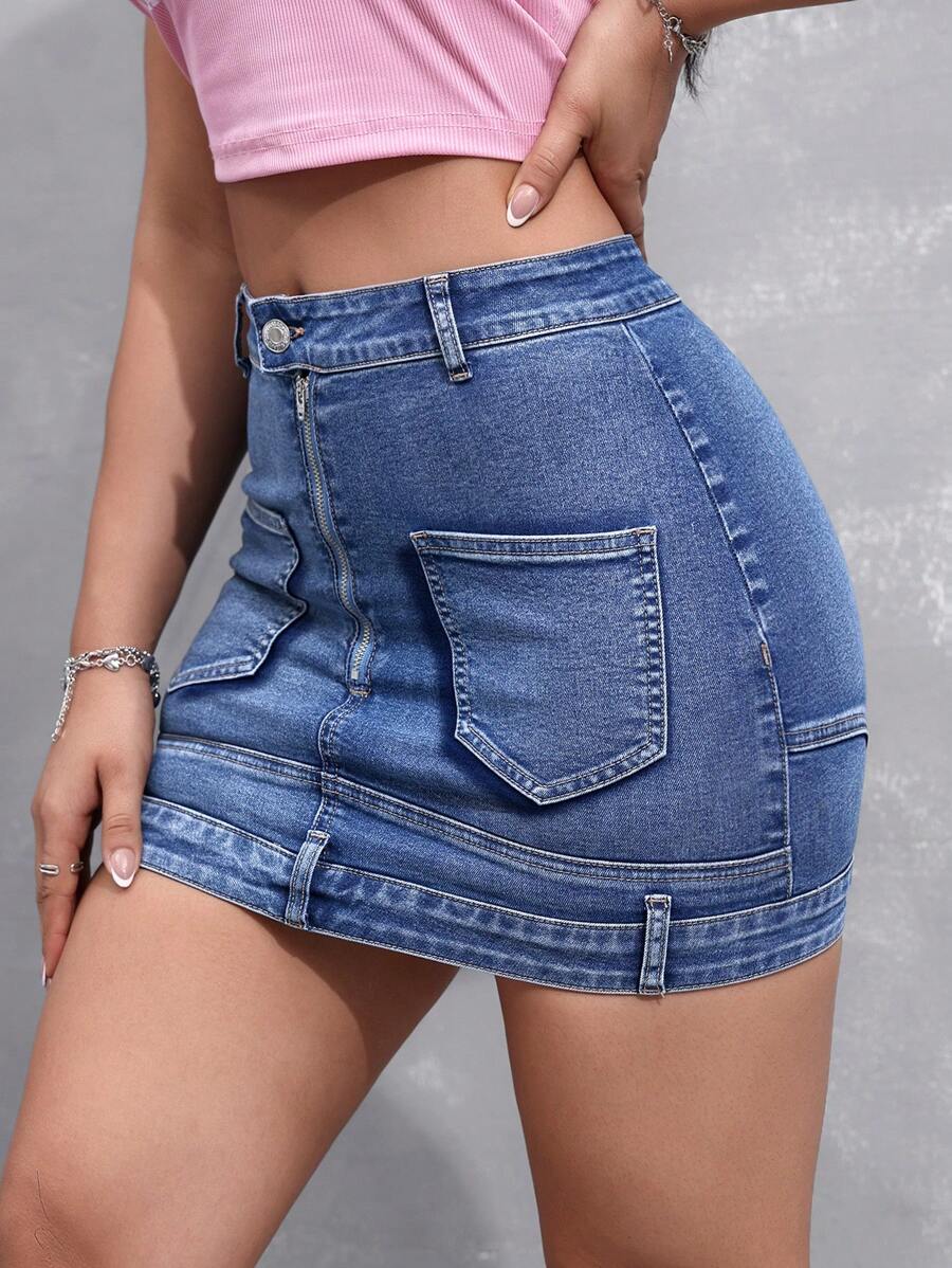 Falda de mezclilla ajustada de unicolor con bolsillos y botones, ideal para el verano - Azul - Ver 1