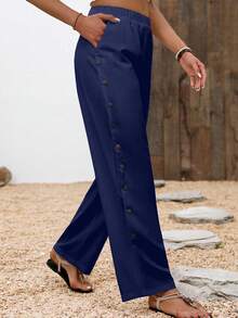 EMERY ROSE Women's Casual Daily Button Design Long Pants - Navy Blue - View 4