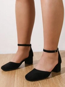 Wide Fit Women's Summer New Simple Style Chunky Heel Hollow Out Square Toe Plus Size Pumps - Black - View 6