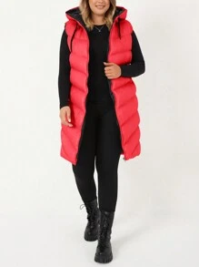 RueChic Plus Zip Up Drawstring Hooded Puffer Vest Coat - Red - View 3