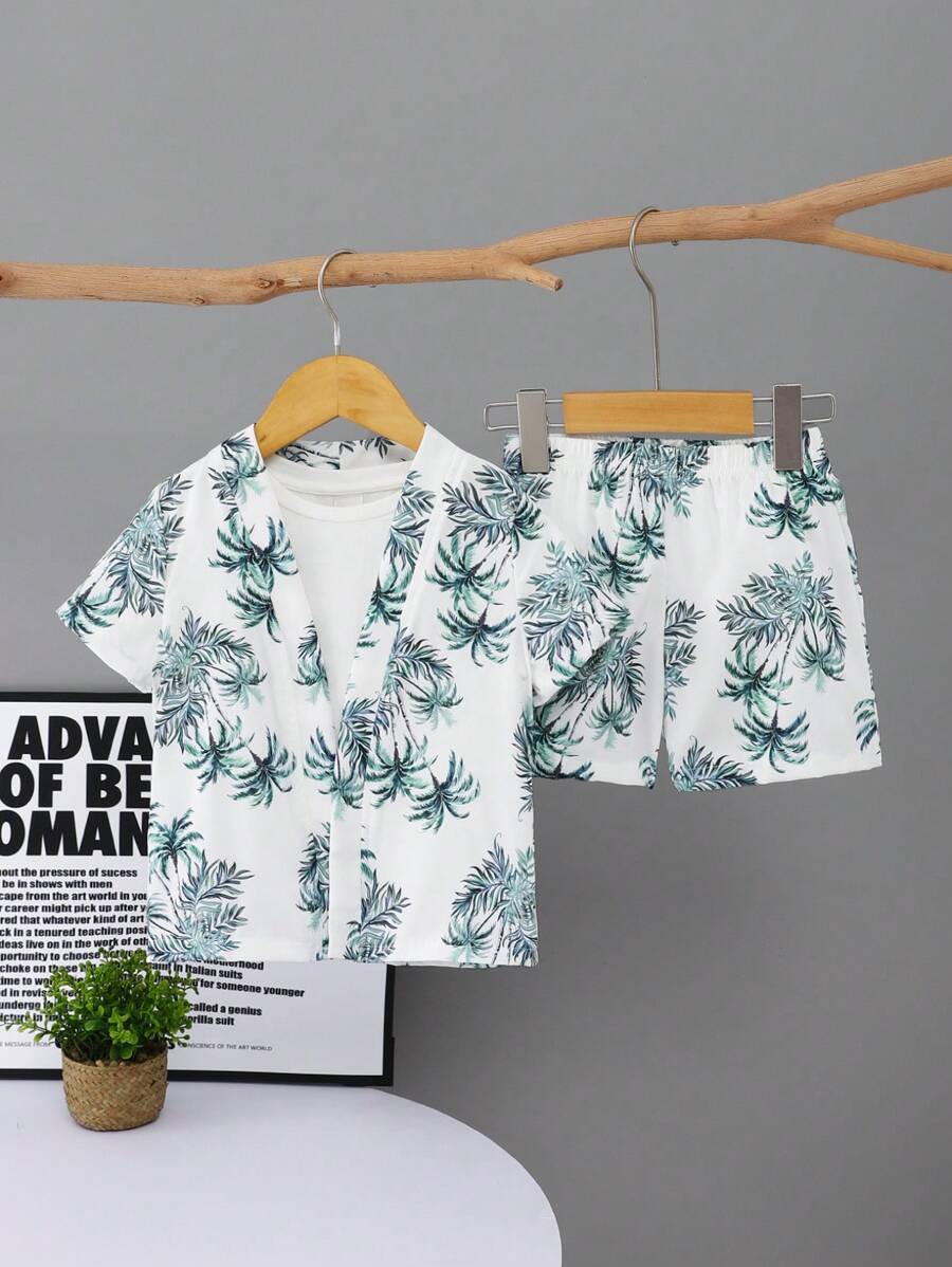 SHEIN 2pcs/Set Young Boys' Casual & Comfy & Fashionable & Versatile & Soft & Breathable Coconut Tree Printed Short Sleeve Shirt And Shorts Set, Great For Vacation In Spring/Summer - White - View 1