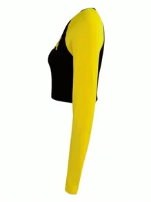 Women's Spring And Summer Jamaica Printed Color Block Round Neck Raglan Sleeve Long Sleeve Slim Fit Crop Top Graphic Tees Women Tops For Spring - Black - View 3