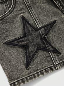 ROMWE Grunge Punk Quần short denim thêu hình ngôi sao thường ngày mùa hè cỡ lớn, đi học - Xám - Xem 3