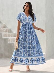 Seusyu Women's Holiday Printed Patchwork High Waist Dress