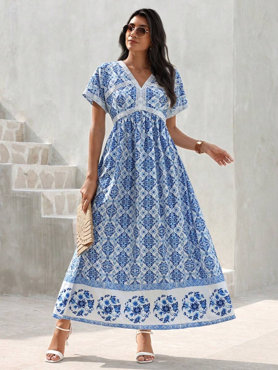 Seusyu Women's Holiday Printed Patchwork High Waist Dress