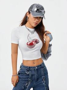 SHEIN EZwear Street Cool All-Match Women's Slim Fit T-Shirt With Pixelated Fruit Cherry Print, Spring And Summer