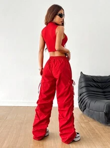 Coolane Set de 2 piezas de top sin espalda asimétrico y pantalón cargo fruncido tipo streetwear de baloncesto para mujer