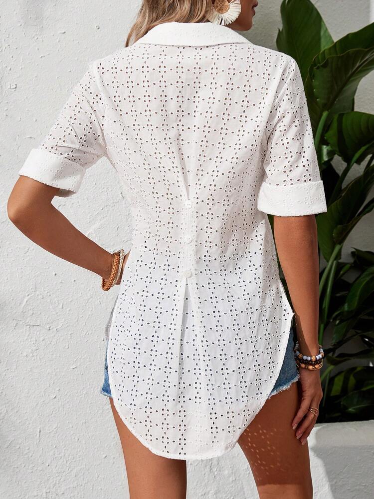 White Shirt, Suitable For Summer, Vacation Shirt, Design Shirt, Versatile Shirt,Women's Solid Color Notched V-Neck Casual Summer Shirt With Pleating Details
