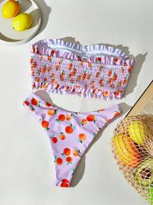 SHEIN Swim 女士夏季沙滩水果印花比基尼套装，荷叶边抹胸上衣搭配性感泳裤 - 彩色 - 查看 2