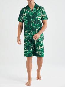 男士全印花短袖衫和短褲家居服套裝 - 綠色 - 查看 4