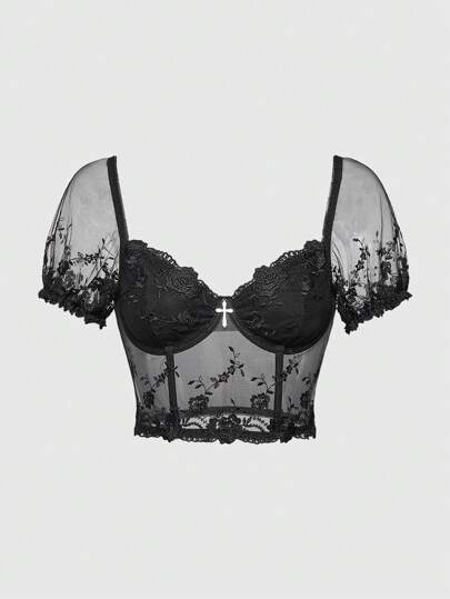 Goth Ladies' Solid Color Lace Short Sleeve Boned Summer Top