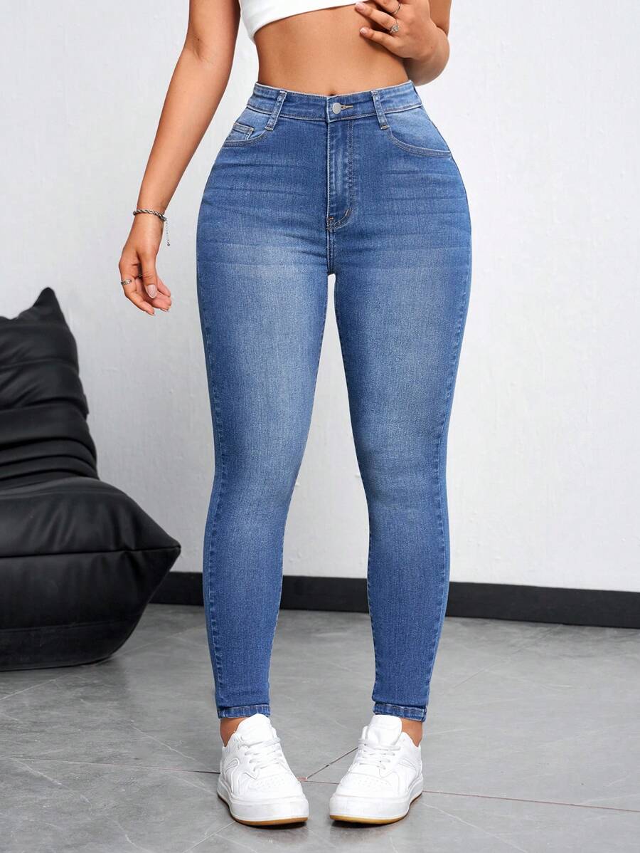 SHEIN Essnce Women's Tight-Fit Jeans For Daily Casual Wear With Pockets - Light Wash - View 1