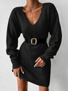EURMUSE Drop Shoulder Sweater Dress Without Belt - Black - View 6