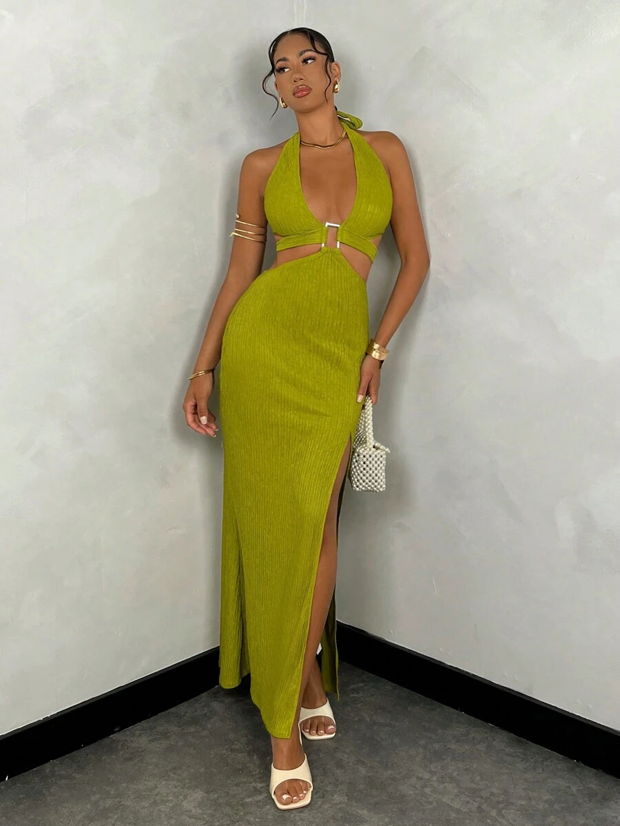 SHEIN BAE Đầm xẻ tà cao màu trơn có họa tiết cổ khoét lưng - màu xanh lá - Xem 1