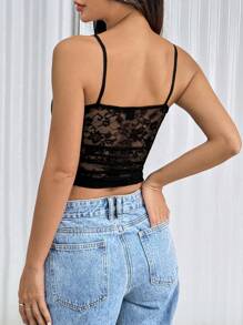 Flirla Women's Summer Sexy Slim Fit See-Through Lace Camisole Graphic Tees Women Tops - Black - View 2