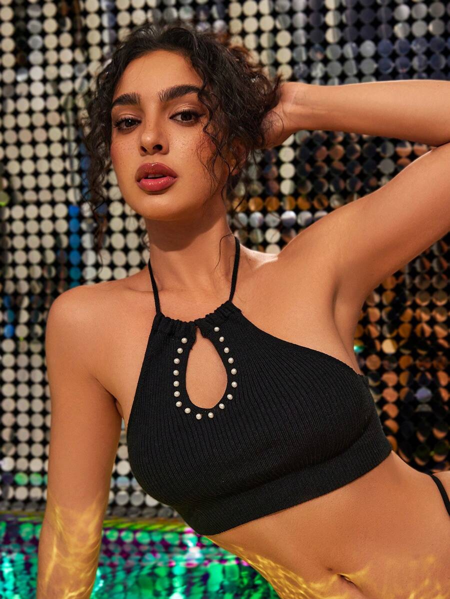 Swim EVENT Women's Summer Beach Sleeveless Halter Top With Bead Embellishment